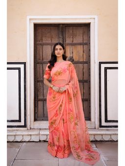 Geroo Jaipur - Peach Hand Painted Pre-Stitched Saree with Unstitched Blouse