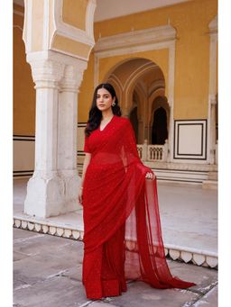 Geroo Jaipur - Red Pre-Stitched Chiffon Saree with Unstitched Blouse