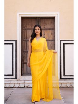 Geroo Jaipur - Yellow Pre-Stitched Chiffon Saree with Unstitched Blouse