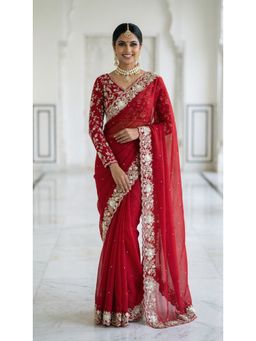 PARASMANI DESIGN STUDIO - Red Floral Embroidered Saree with Unstitched Blouse