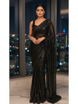 PARASMANI DESIGN STUDIO - Sequined Black Party Wear Saree with Unstitched Blouse