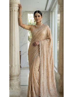 PARASMANI DESIGN STUDIO - Peach Silver Embroidered Scalloped Border Saree with Unstitched Blouse