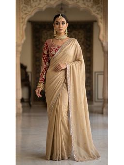 PARASMANI DESIGN STUDIO - Beige Leaf Embroidered Saree with Unstitched Blouse