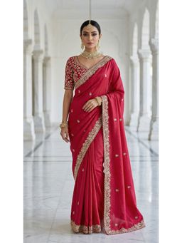PARASMANI DESIGN STUDIO - Red Floral Hand Embroidered Saree with Unstitched Blouse