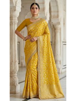 PARASMANI DESIGN STUDIO - Banarasi Yellow Zari Work & Embroidered Border Saree with Unstitched Blouse