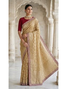 PARASMANI DESIGN STUDIO - Banarasi Cream Gold Zari Floral Border Saree with Unstitched Blouse