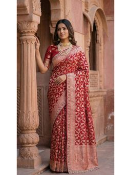 PARASMANI DESIGN STUDIO - Banarasi Vermilion Gold Zari Floral Weave Saree with Unstitched Blouse