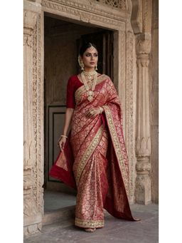 PARASMANI DESIGN STUDIO - Banarasi Carmine Zari Weave & Embroidered Saree with Unstitched Blouse