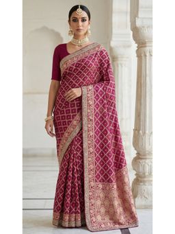 PARASMANI DESIGN STUDIO - Banarasi Magenta Zari Weave & Embroidered Saree with Unstitched Blouse
