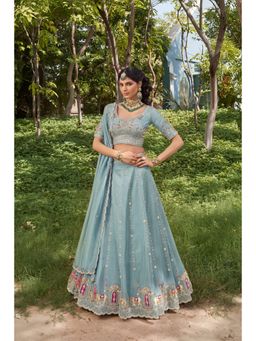 KRISHREE - Women Sky Blue Sequinned Semi-Stitched Lehenga With Unstitched Choli And Dupatta