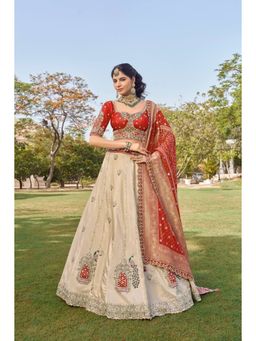 KRISHREE - Women Cream & Rust Sequinned Semi-Stitched Lehenga With Unstitched Choli And Dupatta