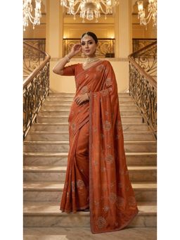 PARASMANI DESIGN STUDIO - Elegant Rust Floral Embroidery Saree with Unstitched Blouse