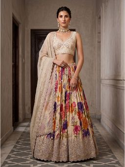 KRISHREE - Cream Floral Printed Semi-Stitched Lehenga With Unstitched Choli And Dupatta