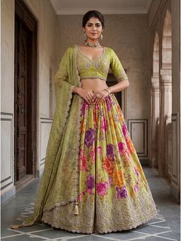KRISHREE - Green Floral Printed Semi-Stitched Lehenga With Unstitched Choli And Dupatta