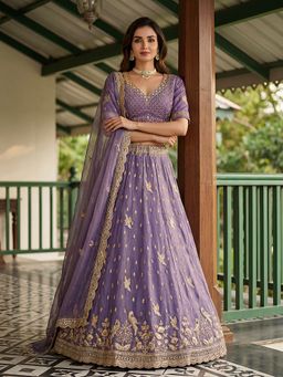 KRISHREE - Women Purple Sequins Organza Semi-Stitched Lehenga With Unstitched Choli And Dupatta