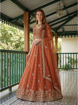 KRISHREE - Women Orange Sequins Organza Semi-Stitched Lehenga With Unstitched Choli And Dupatta