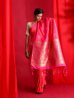 Beatitude - Orangeish Pink Banarasi Saree with Unstitched Blouse