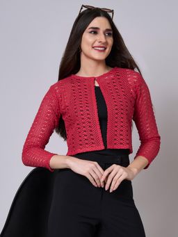 Style Quotient - Women Cotton Red Lace Self Design Shrug