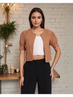 Style Quotient - Women Textured Tan Cottonpoly Open Shrug
