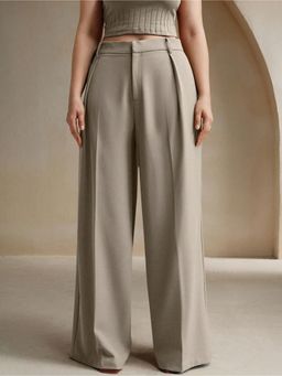 Fnocks - Women's Formal High-Waisted Wide Leg Cream Baggy Trouser
