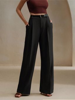 Fnocks - Women's Formal High-Waisted Wide-Leg Black Baggy Trouser