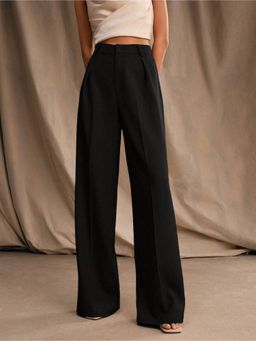 Fnocks - Women's Formal Black High-Waisted Wide-Leg Baggy Trouser