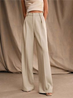 Fnocks - Women's Formal Cream High-Waisted Wide-Leg Baggy Trouser