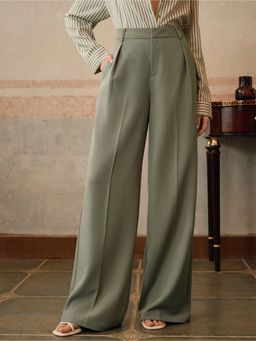 Fnocks - Women's Formal Green High-Waisted Wide-Leg Baggy Trouser