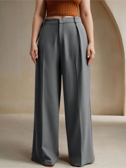 Fnocks - Women's Grey Formal High-Waisted Wide-Leg Baggy Trouser