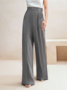 Fnocks - Women's Formal Grey High-Waisted Wide-Leg Baggy Trouser