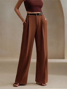 Fnocks - Women's Formal High-Waisted Wide Leg Brown Baggy Trouser