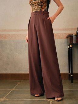 Fnocks - Women's Formal High-Waisted Wide-Leg Brown Baggy Trouser