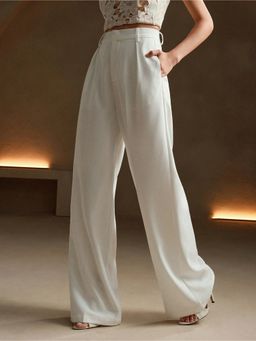 Fnocks - Women's Formal White High-Waisted Wide-Leg Baggy Trouser