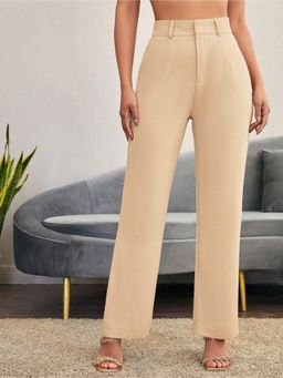 Fnocks - Women's Beige Wide Leg Casual Trouser