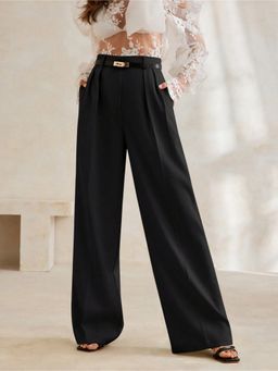 Fnocks - Women's Formal High Waisted Wide-Leg Black Baggy Trouser