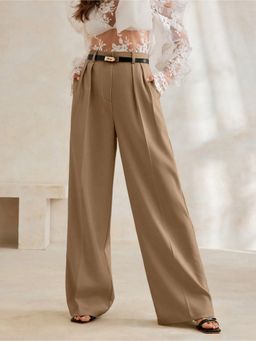 Fnocks - Women's Formal High-Waisted Wide-Leg Beige Baggy Trouser