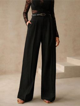 Fnocks - Women's Black Loose Fit High-Waisted Wide-Leg Baggy Trouser
