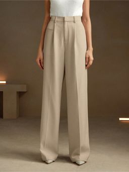 Fnocks - Women's Cream Loose Fit High-Waisted Wide-Leg Baggy Trouser
