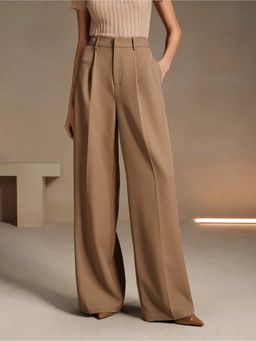 Fnocks - Women's Beige Loose Fit High-Waisted Wide-Leg Baggy Pant