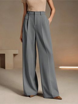 Fnocks - Women's Grey Loose Fit High-Waisted Wide-Leg Baggy Pant