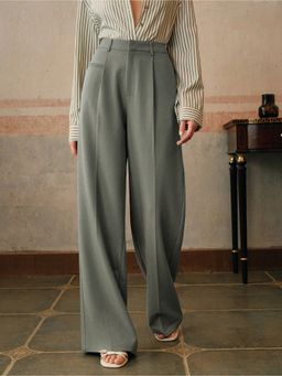 Fnocks - Women's Green Loose Fit High-Waisted Wide-Leg Baggy Pant