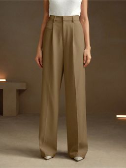 Fnocks - Women's Beige Loose Fit High-Waisted Wide-Leg Baggy Trouser