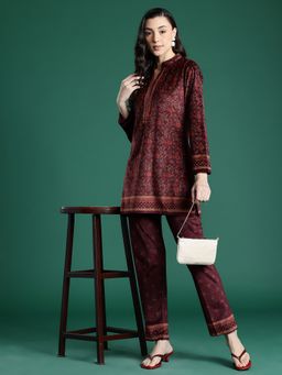 CAYMAN - Maroon Floral Woven Design Woollen Co-Ord Set