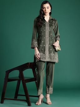 CAYMAN - Green Ethnic Motifs Print Embellished Ribbed Co-Ord Set