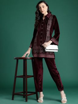 CAYMAN - Burgundy Floral Woven Design Woollen Co-Ord Set