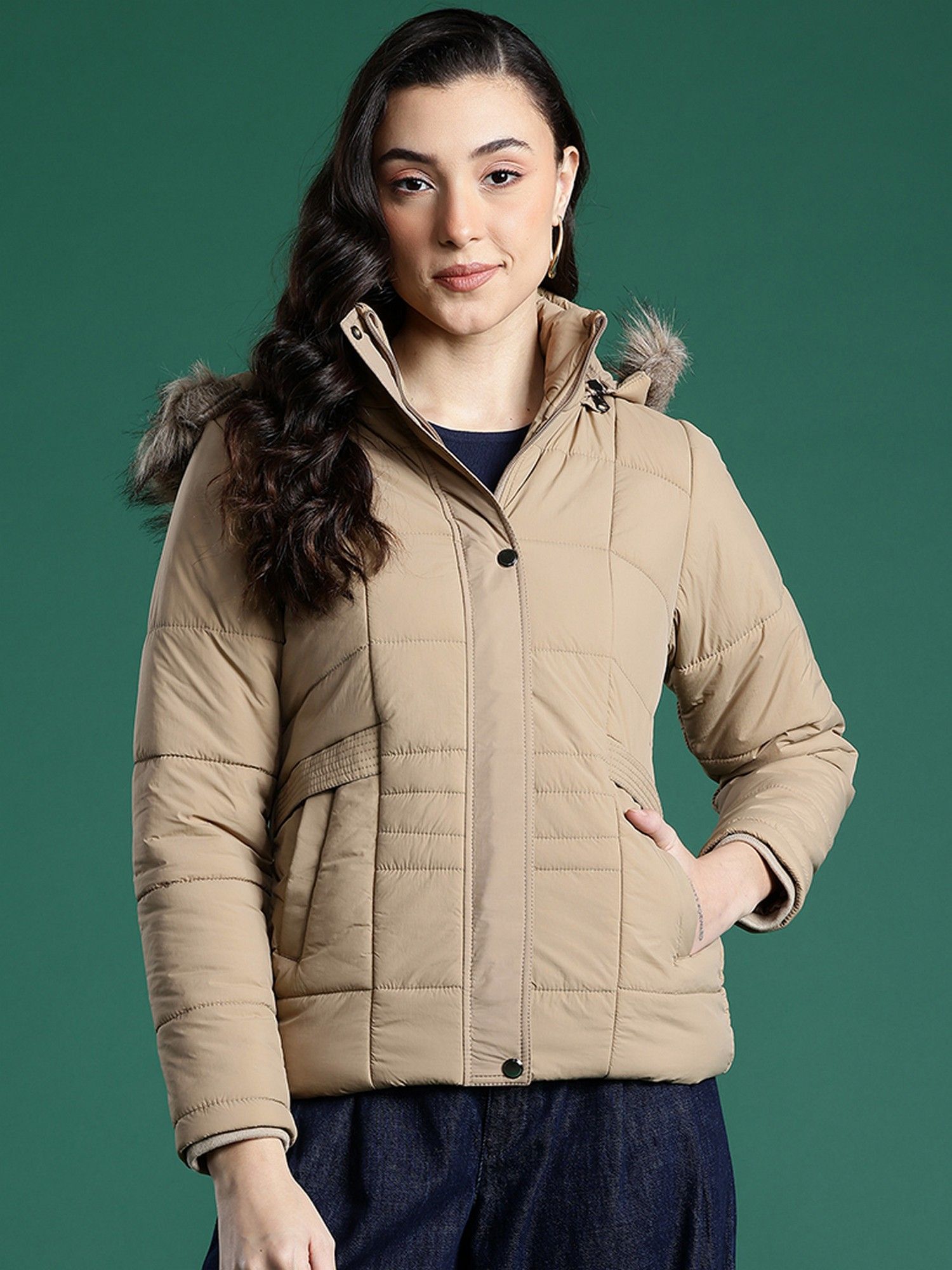 cayman Women's Solid Lightweight Faux Fur Trim Hooded Puffer Jacket-picture-29