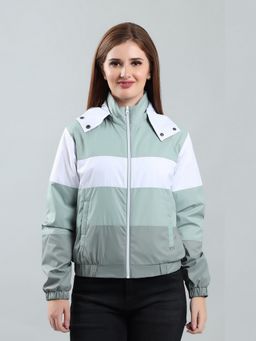 SPIRIT - Women's Green Colorblock Hooded Neck Full Sleeve Jacket