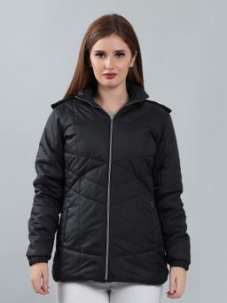 SPIRIT - Women's Black Solid Hooded Neck Full Sleeve Jacket