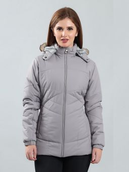 SPIRIT - Women's Grey Solid Hooded Neck Full Sleeve Jacket