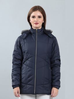 SPIRIT - Women's Navy Blue Solid Hooded Neck Full Sleeve Jacket